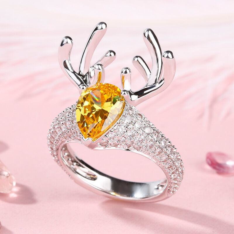 Jeulia “Christmas Reindeer”Antler Pear Cut Sterling Silver Animal Ring