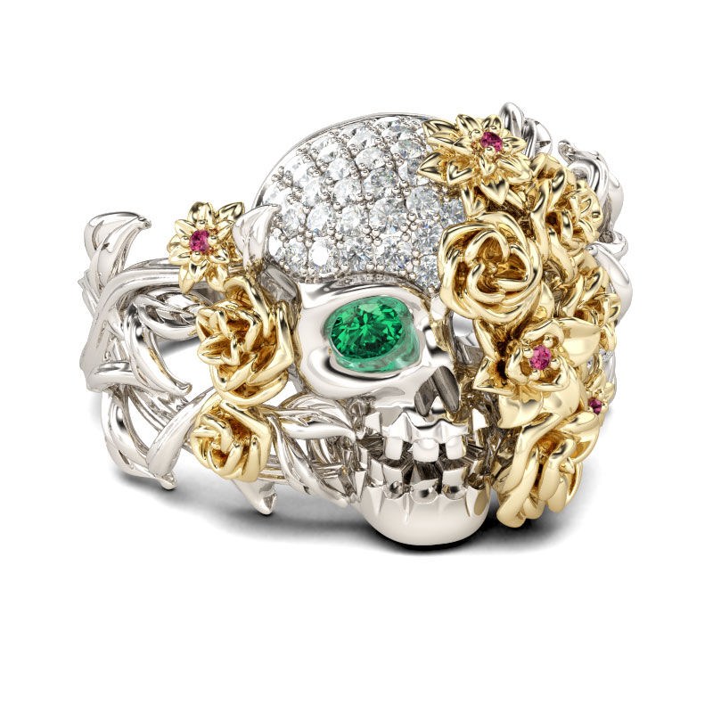 Jeulia Two Tone Floral Round Cut Sterling Silver Skull Ring