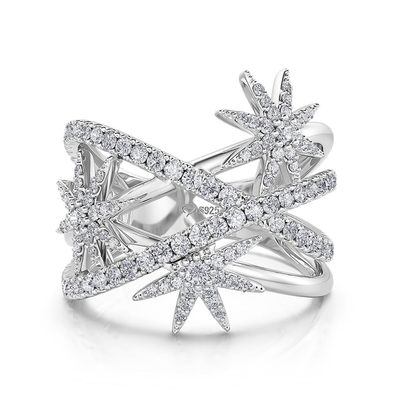Jeulia "Twinkle Space" Three Stars X Ring Pave Setting Sterling Silver