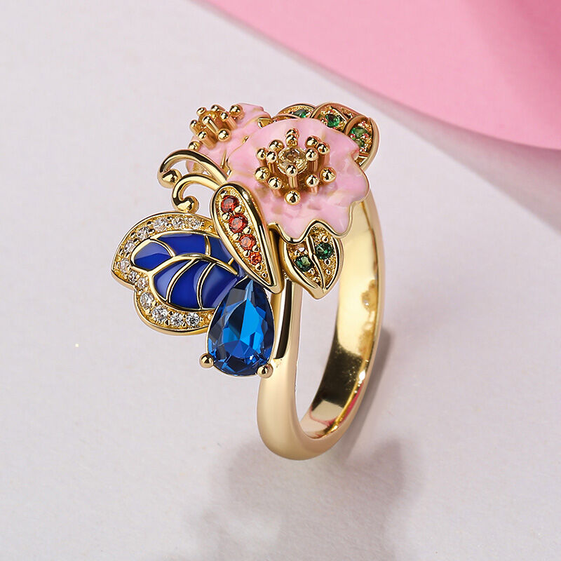 Jeulia "Blühende Jahreszeit" Schmetterling Blume Design Sterling Silber Ring