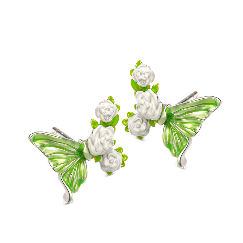 Jeulia Pendientes con mariposa y flor de esmalte de plata de ley
