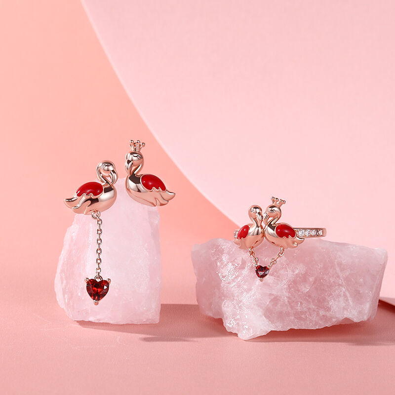 Jeulia "Amour doux" Ensemble de bijoux Couple de flamants roses Argent Sterling