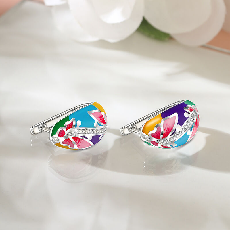 Jeulia "Natural Beauty" Butterfly & Flower Enamel Sterling Silver Hoop Earrings