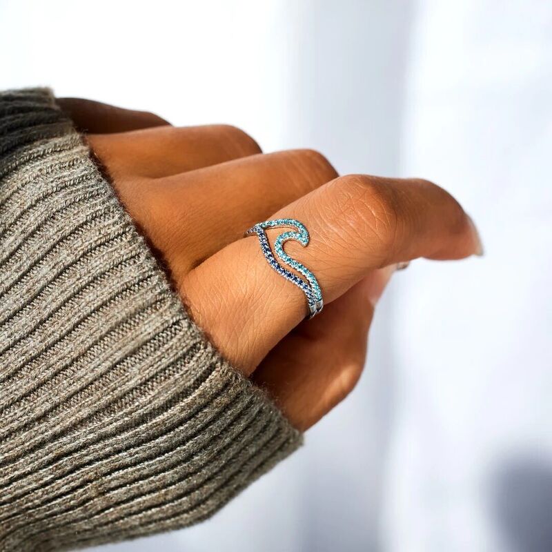 Jeulia Gradient Blue Wave Promise Ring Pave Sterling Silver