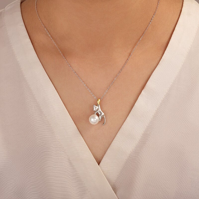 Jeulia Two Tone Pearl Cat Pendant Necklace Sterling Silver