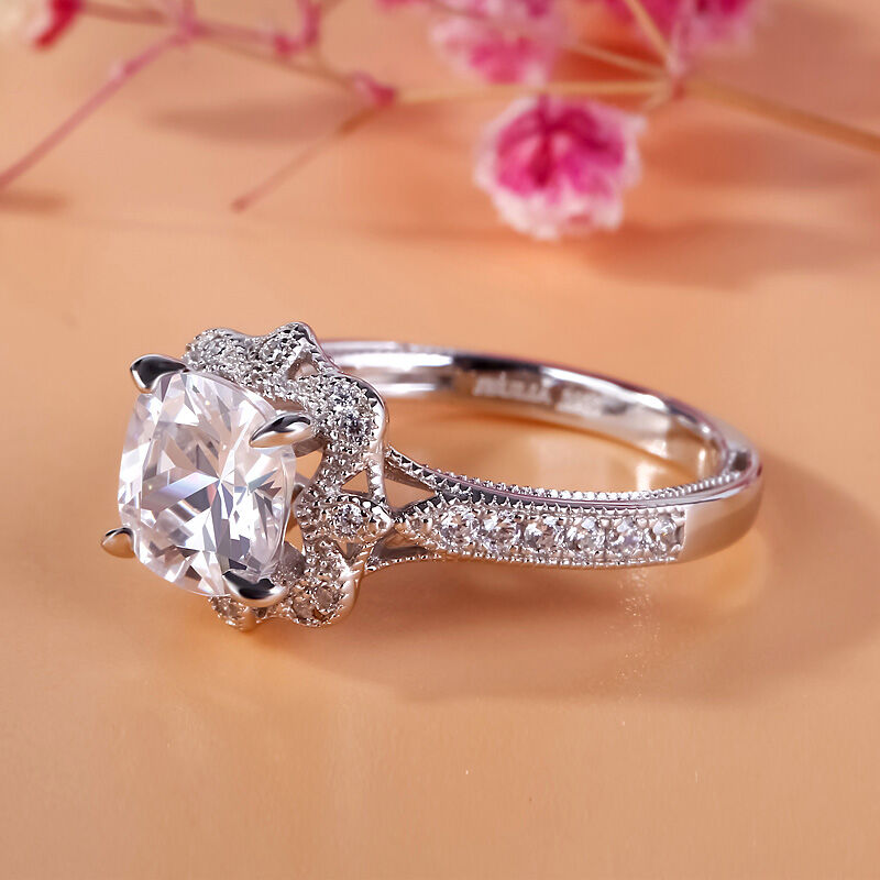 Jeulia Vintage Floral Cushion Cut Sterling Silver Ring