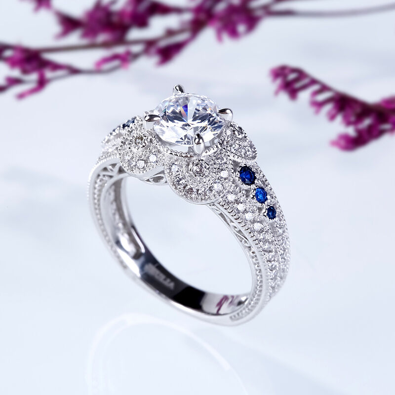 Jeulia Milgrain Flower Design Round Cut Sterling Silver Ring