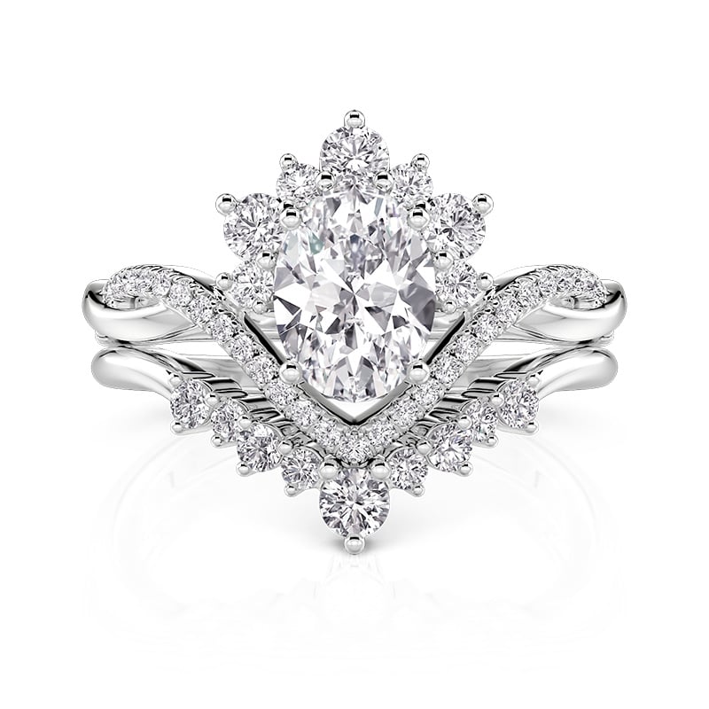Jeulia Twisted Oval Halo Bridal Ring Set with Cluster Enhancer