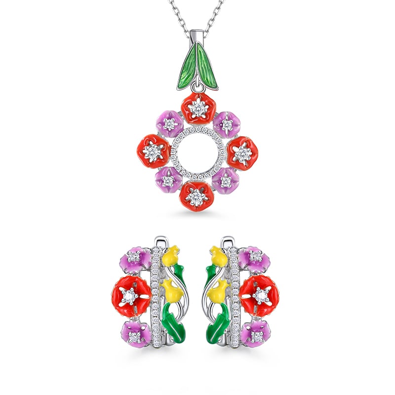 Jeulia "Colorful Day" Flower Enamel Sterling Silver Jewelry Set