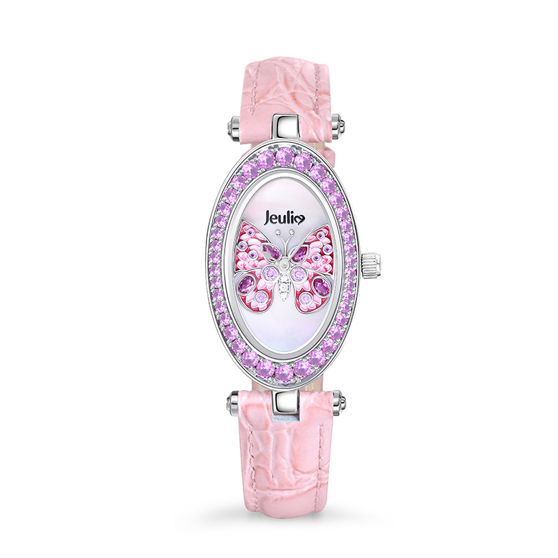 Jeulia "Fluttering Moment" Butterfly Quartz Pink Leather Watch with Mother of Pearl Dial