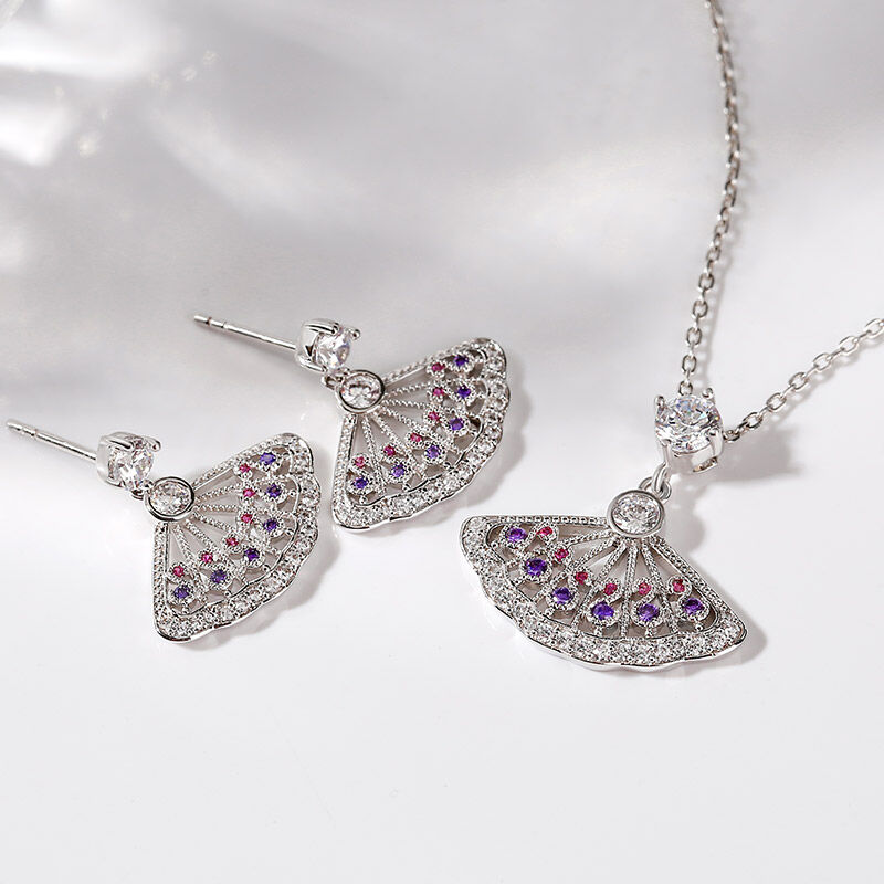 Jeulia Conjunto de joyas con diseño de abanico de plata de ley