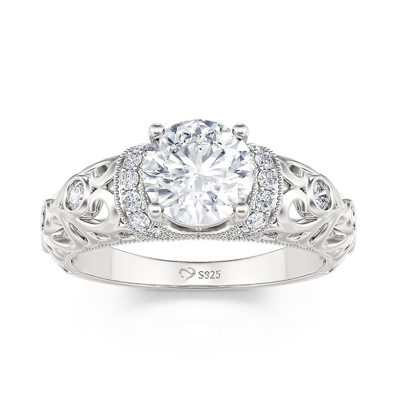 Jeulia Vintage Beaded Round Cut Sterling Silver Engagement Ring