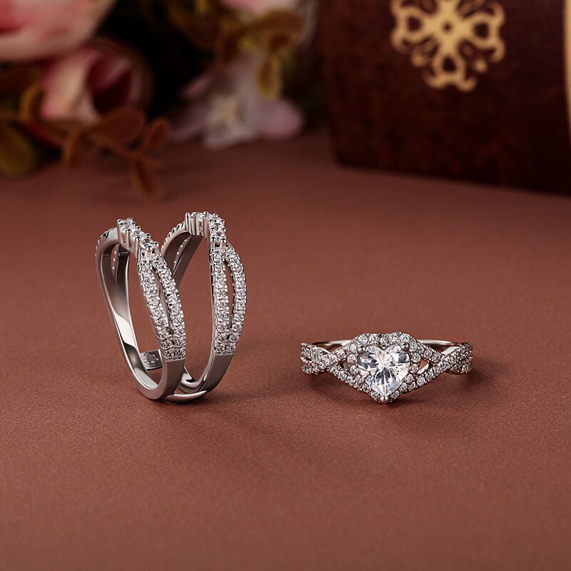 Jeulia Twisted Heart Halo Engagement Ring Set 2PCS