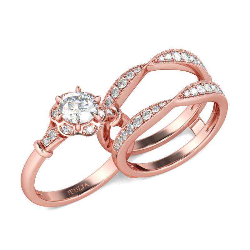 Jeulia Rose Gold Tone Floral Round Cut Sterling Silver Ring Set