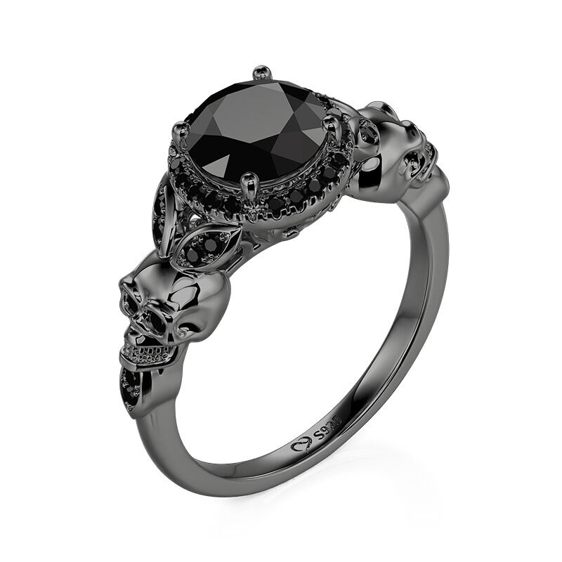 Jeulia Bague Crâne Noir Halo Coupe Ronde Gothique en Argent Sterling