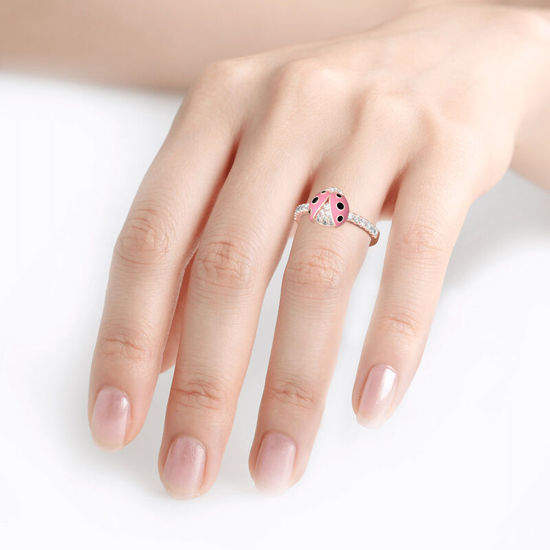 Jeulia Lucky Pink Ladybug Sterling Silver Ring