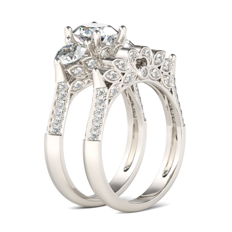 Jeulia Conjunto De Anillos Con Tres Piedras Con Forma Hoja De Talla Redonda En Plata De Ley