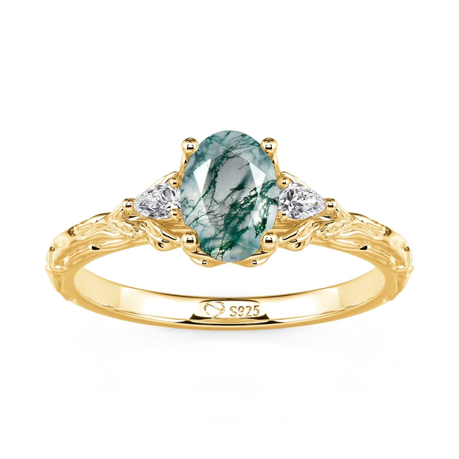 Jeulia Oval Three Stone Moss Agate Gold Wedding Ring