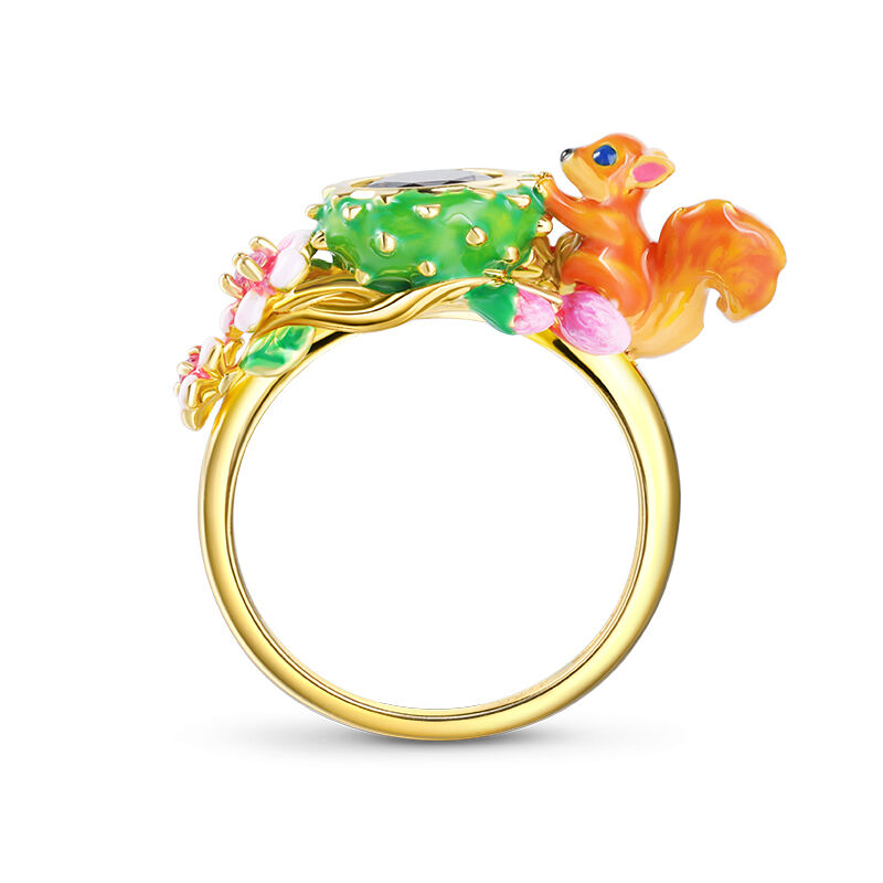 Jeulia Srebrny pierścionek Have Fun Squirrel z kwiatową emalią