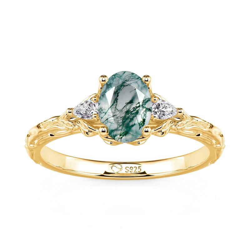 Jeulia Anillo de Boda Oro Ovalado Tres Piedras de Ágata Musgo