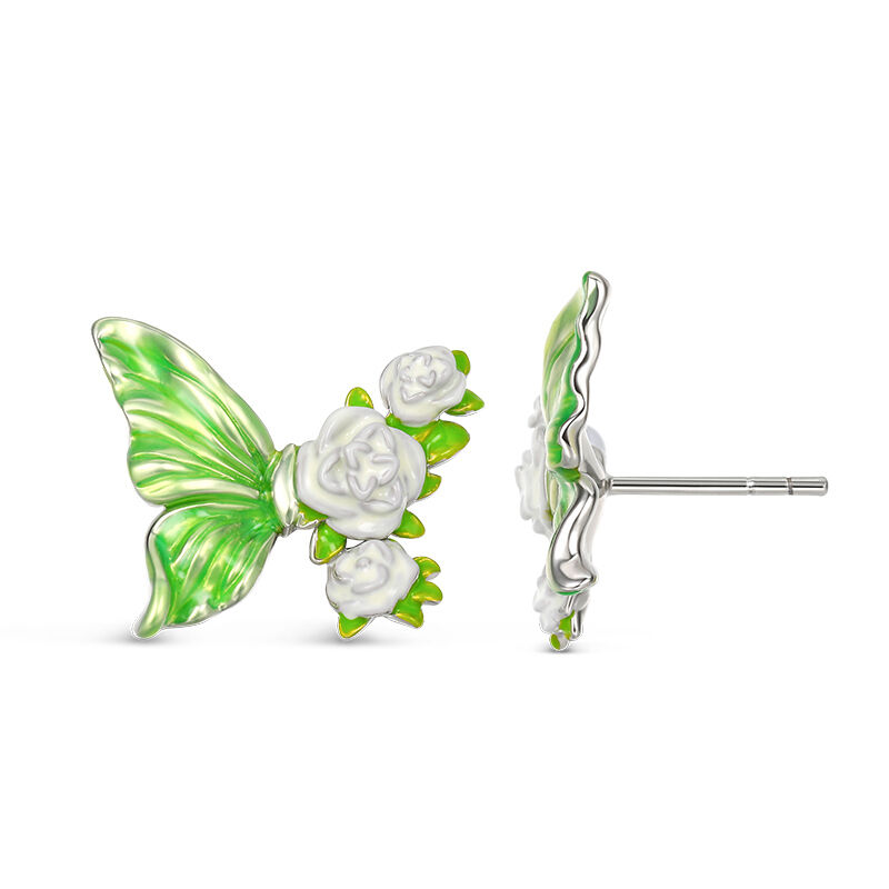 Jeulia Pendientes con mariposa y flor de esmalte de plata de ley