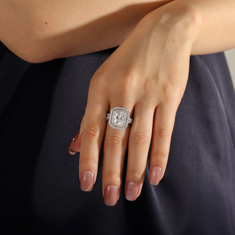 Jeulia Anillo de Compromiso con Doble Halo Hueco de Plata de Ley