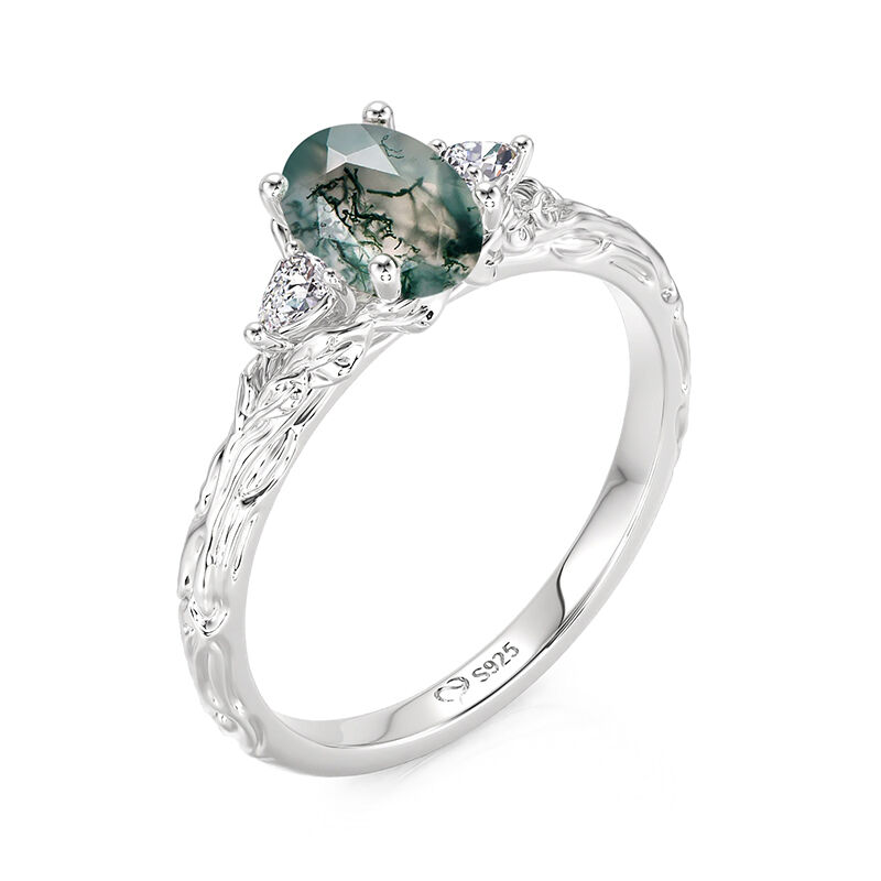 Jeulia Anillo de Boda Tres Piedras de Ágata Musgo
