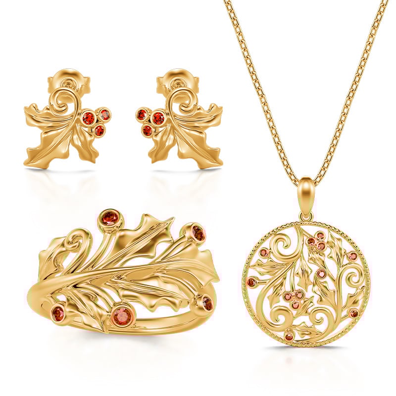 Jeulia "Everlasting Mistletoe" Gold Tone Sterling Silver Jewelry Set