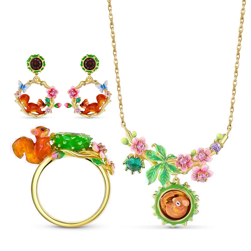 Jeulia "Have Fun" Squirrel with Flower Enamel Sterling Silver Jewelry Set