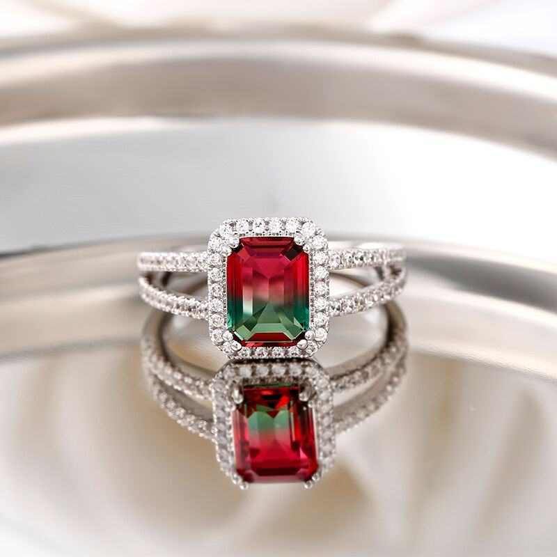 Jeulia "One of a kind" Emerald Cut Sterling Silver Watermelon Ring