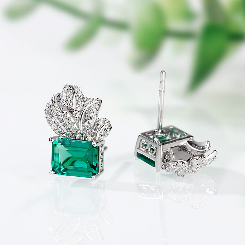 Jeulia Blatt Design Smaragd-Schliff Sterling Silber Ohrringe
