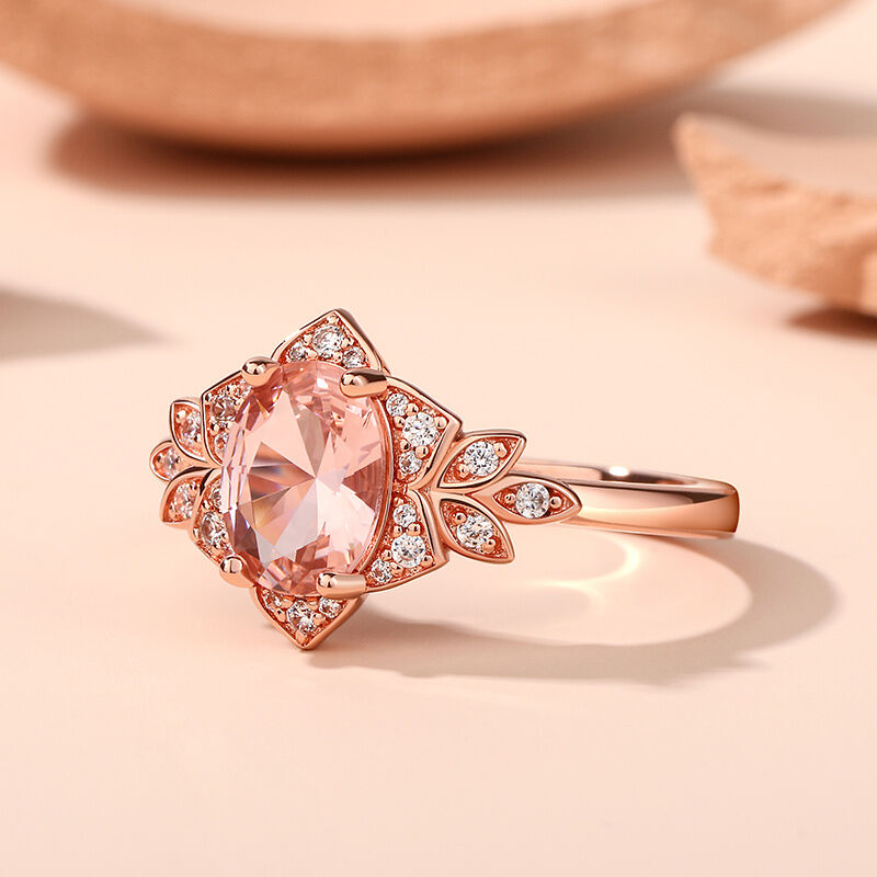 Jeulia Floral Halo Oval Cut Synthetic Morganite Sterling Silver Ring
