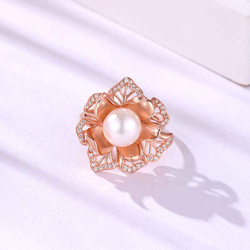 Jeulia Floral Design Pearl Sterling Silver Adjustable Ring