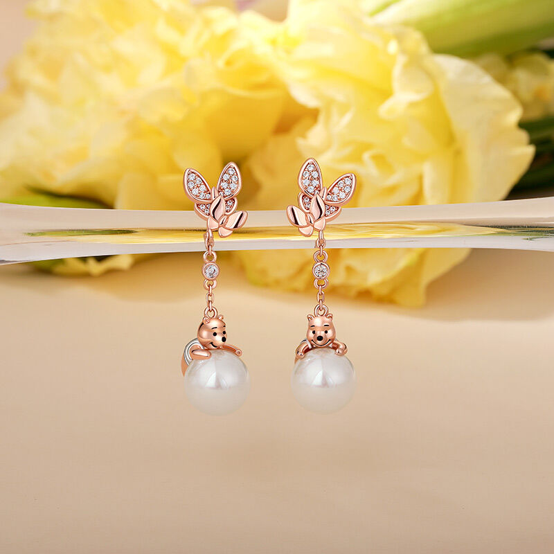 Jeulia Butterfly & Cartoon Bear Pearl Drop Earrings Sterling Silver