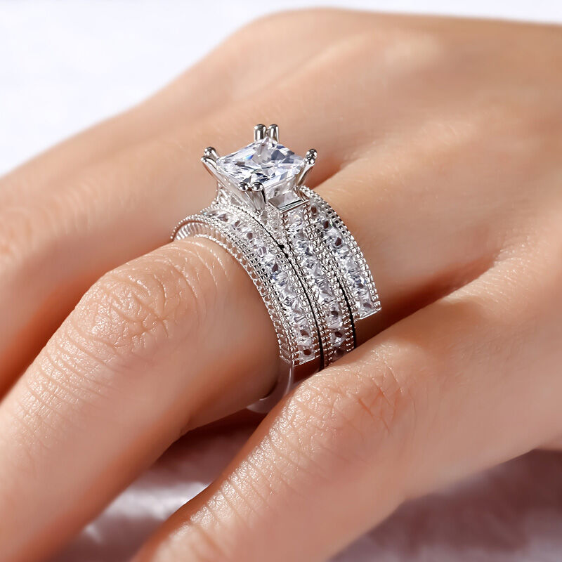 Jeulia 3PC Princess Cut Sterling Silver Ring Set