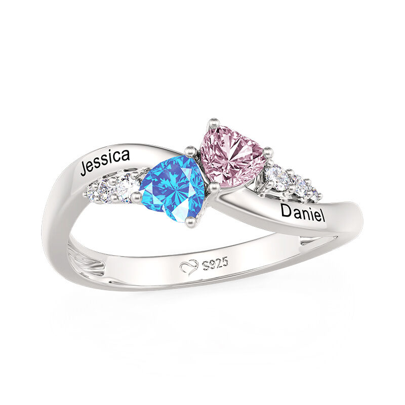 Jeulia Unique Custom Double Heart Ring With Birthstone and Engraving