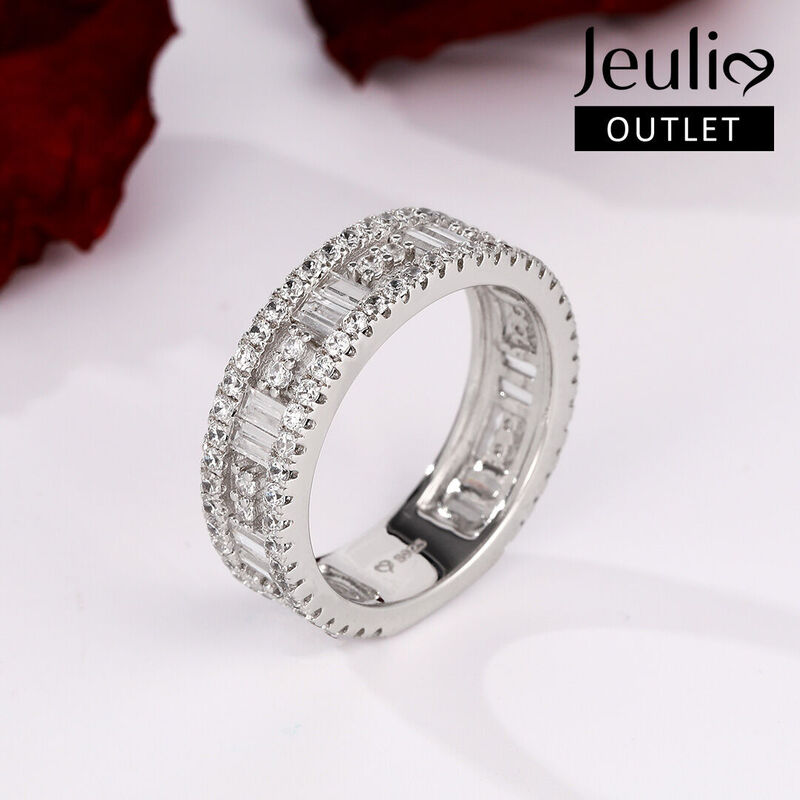 Jeulia Classic Round and Emerald Cut Sterling Silver Women's Band