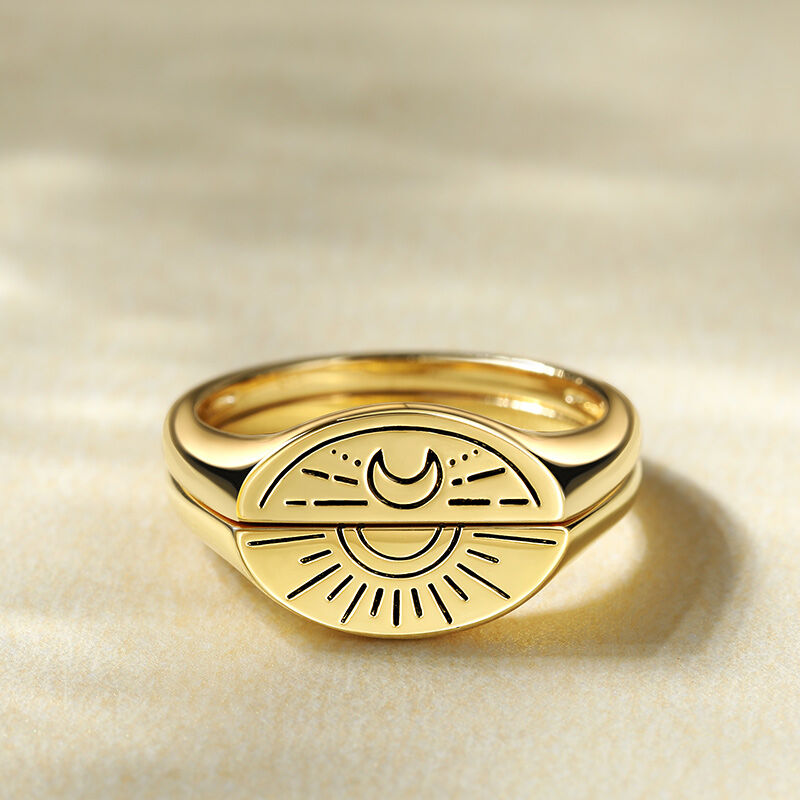 Jeulia Sun and Moon Signet Sterling Silver Ring Set