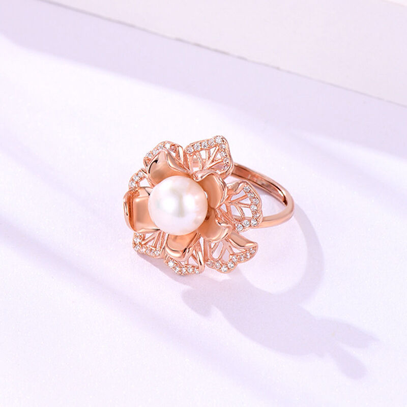 Jeulia Floral Design Pearl Sterling Silver Adjustable Ring