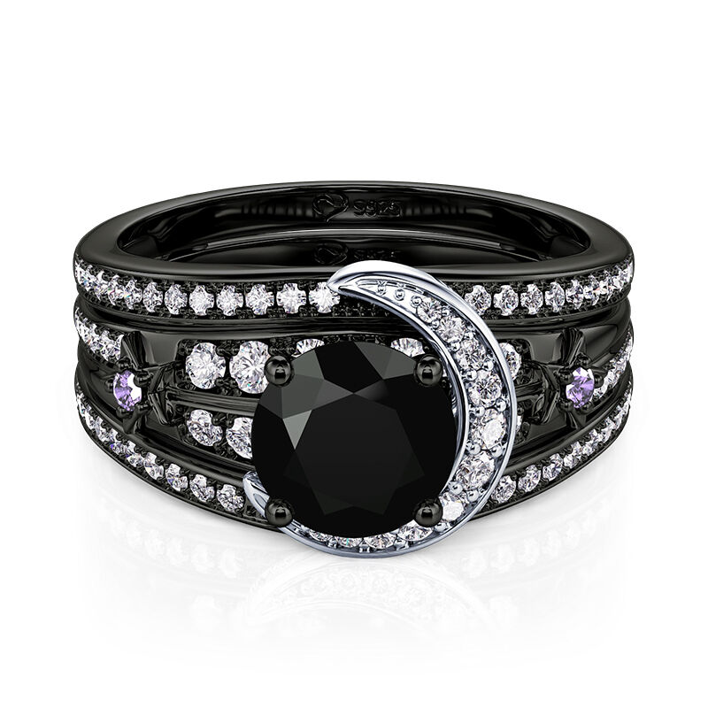 Jeulia Simple Black Moon and Star Ring Set