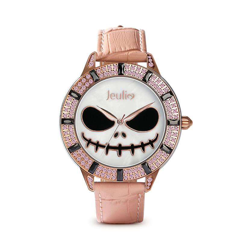 Jeulia "Magic at Midnight" Skull Design Quartz Pink Leather Watch with Mother-of-Pearl Dial