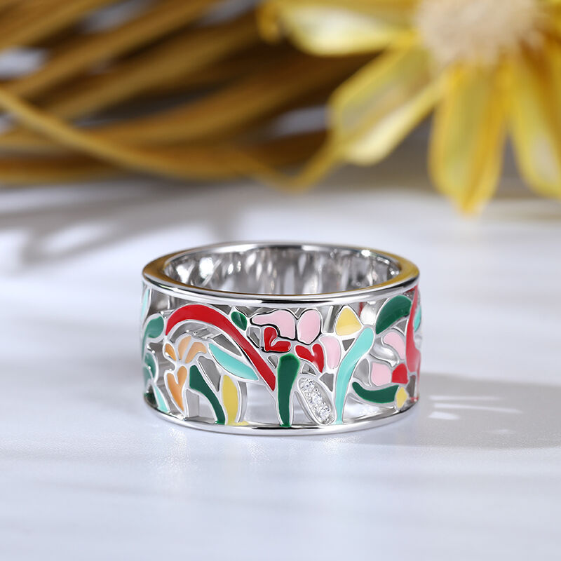 Jeulia "Floral Fantasy" Flower and Leaf Enamel Sterling Silver Women's Band