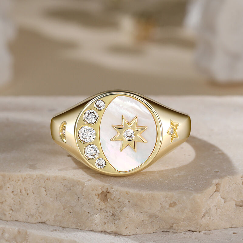 Jeulia Crescent Moon Star Signet Sterling Silver Ring