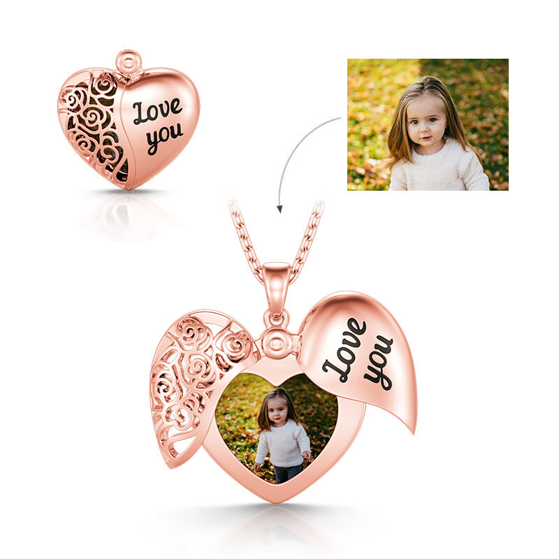 Love You Vintage Locket Heart Photo Necklace Personalized Sterling Silver
