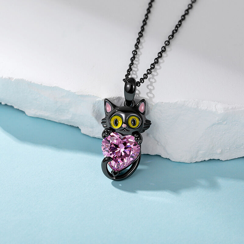 Jeulia Hug Me Custom Birthstone Black Cat Necklace