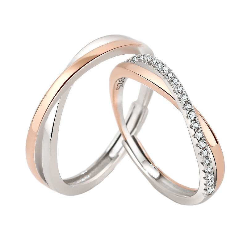 Jeulia Two Tone Crossover Sterling Silver Adjustable Couple Rings