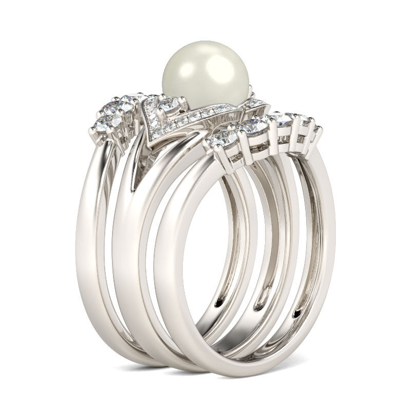Jeulia Halo Faux Pearl Sterling Silver 3PC Ring Set
