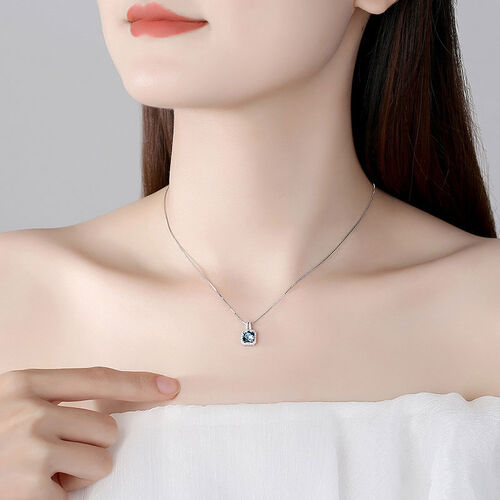 Jeulia Blue Sapphire Cushion Shaped Halo Sterling Silver Necklace