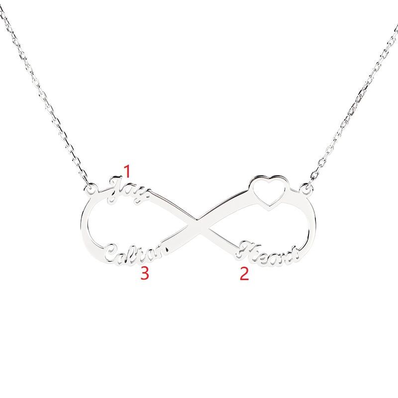 Jeulia Heart Shape Three Name Infinity Necklace Sterling Silver