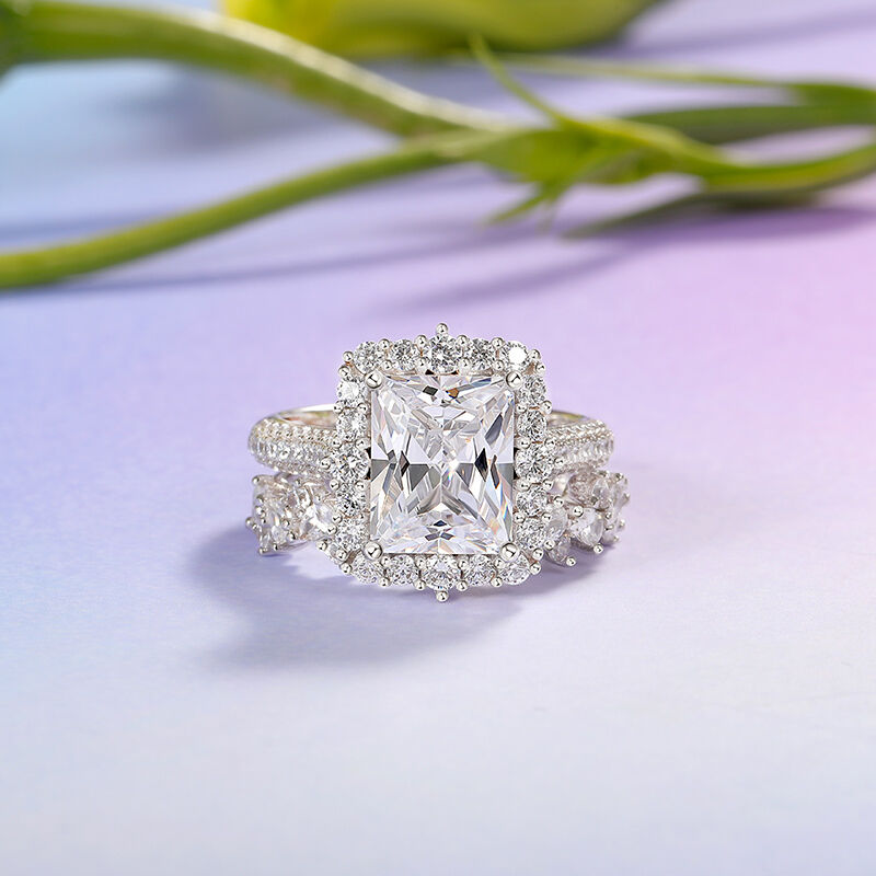 Jeulia Vintage Halo Radiant Engagement Ring Set Sterling Silver